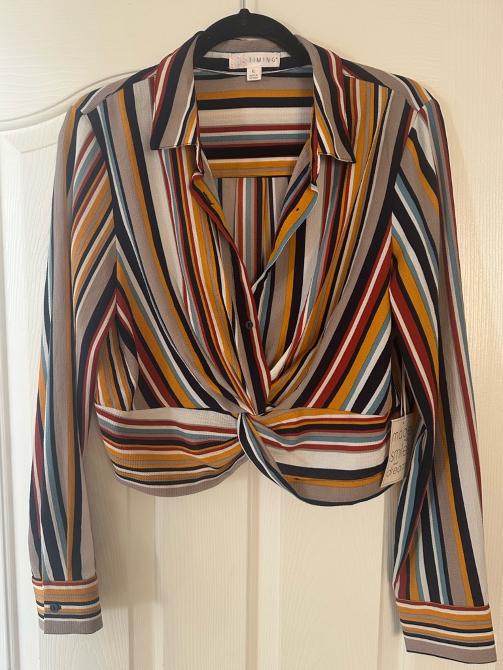 Multi-Color Striped Twist-Front Button-Down Shirt
